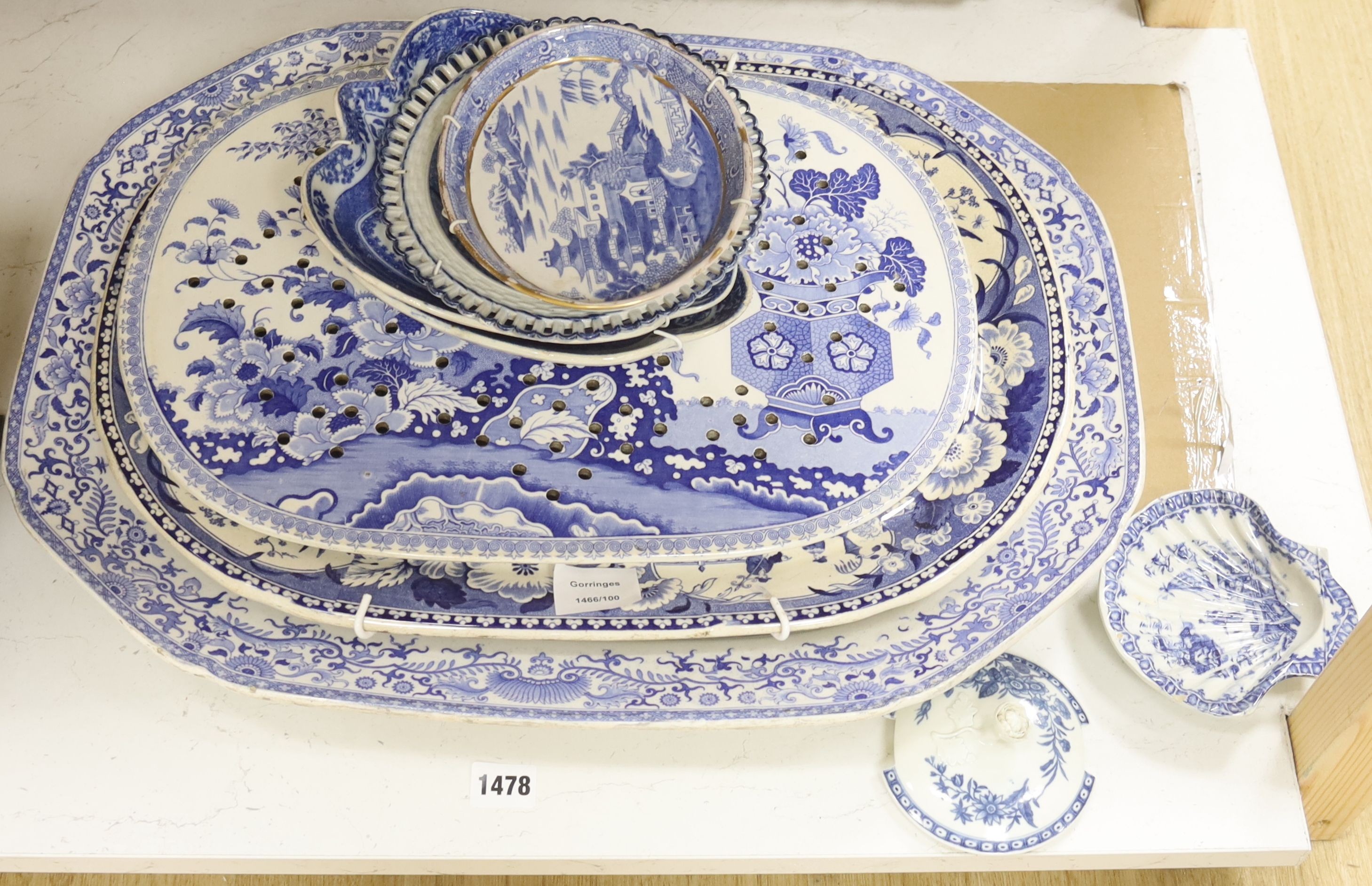 A collection of blue and white porcelain, transfer printed meat dishes, etc.